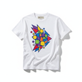 Casual t-shirt with bold abstract graphic print in red, yellow, and blue