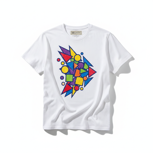 Casual t-shirt with bold abstract graphic print in red, yellow, and blue