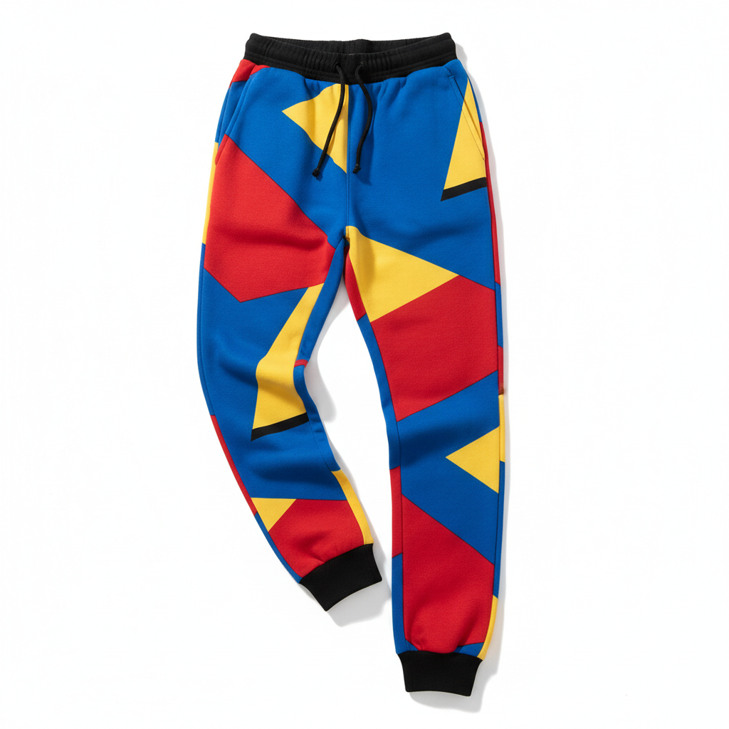 Bold geometric color block joggers in electric blue, red, and yellow