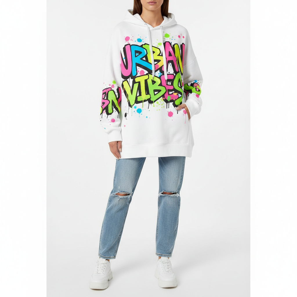 Oversized white hoodie with bold neon graffiti typography print