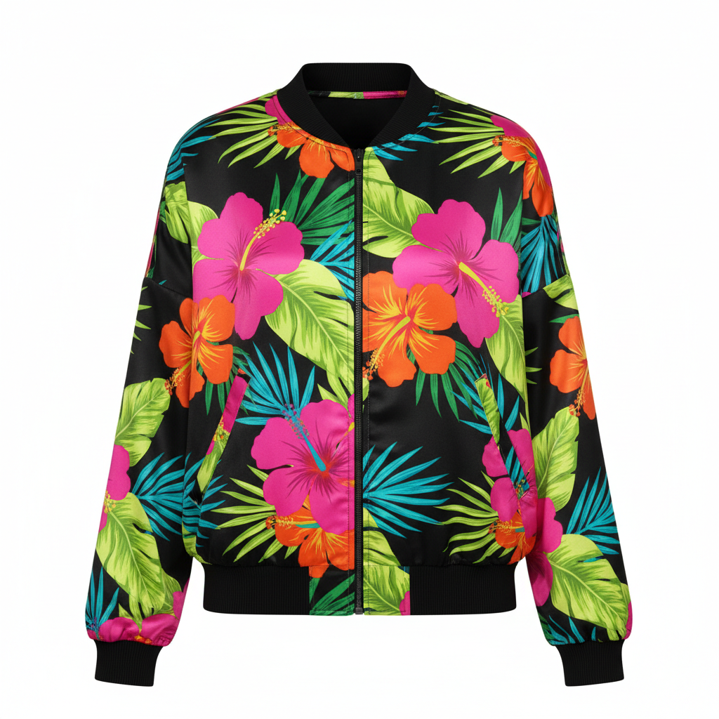 Bold tropical floral bomber jacket with pink, green and orange print on black